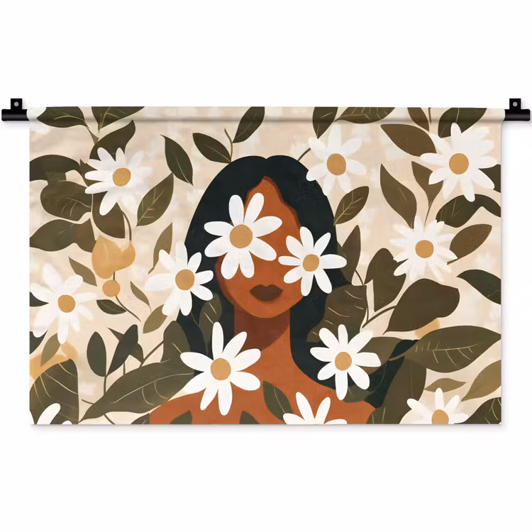 Wandkleed - Illustratie - Vrouw - Madeliefjes - Wit — 1