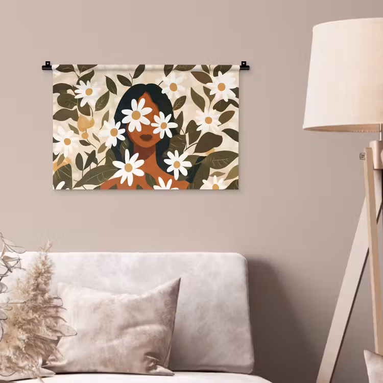 Wandkleed - Illustratie - Vrouw - Madeliefjes - Wit — 2
