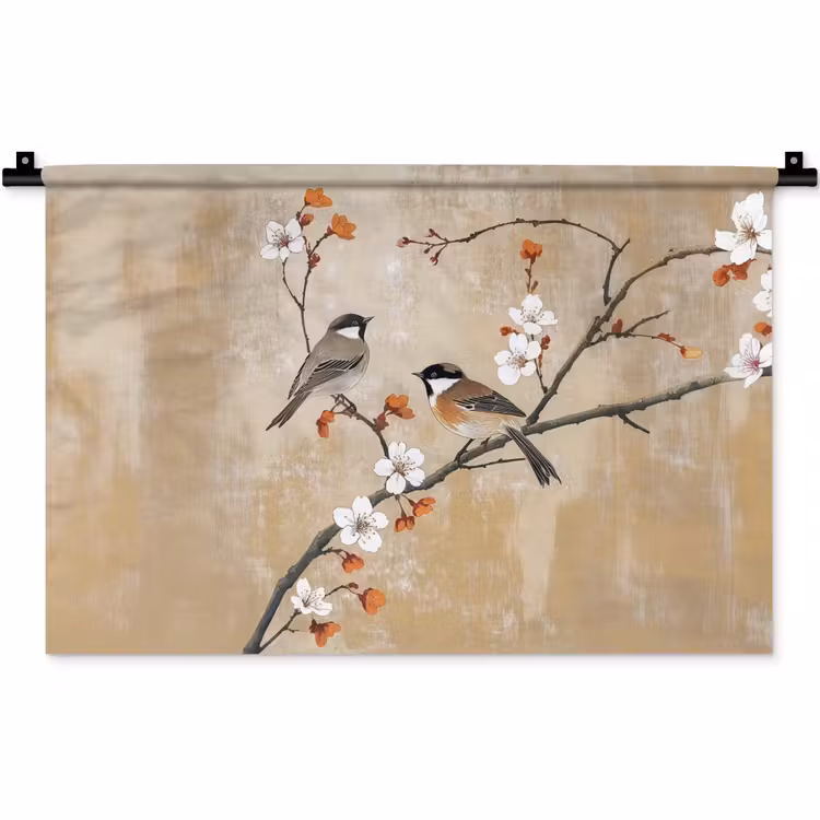 Wandkleed - Vogels - Bloesemtak - Bloemen - Oranje — 1