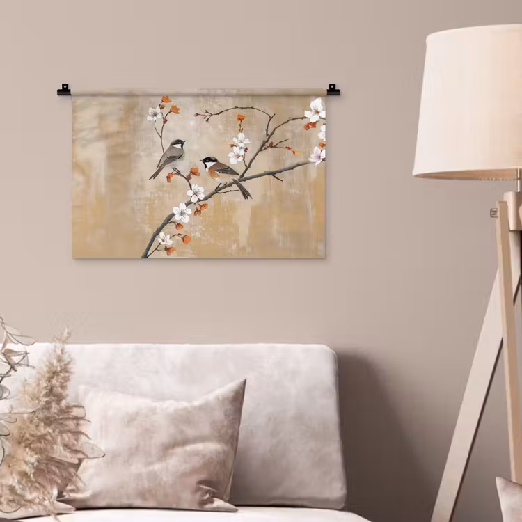 Wandkleed - Vogels - Bloesemtak - Bloemen - Oranje — 2