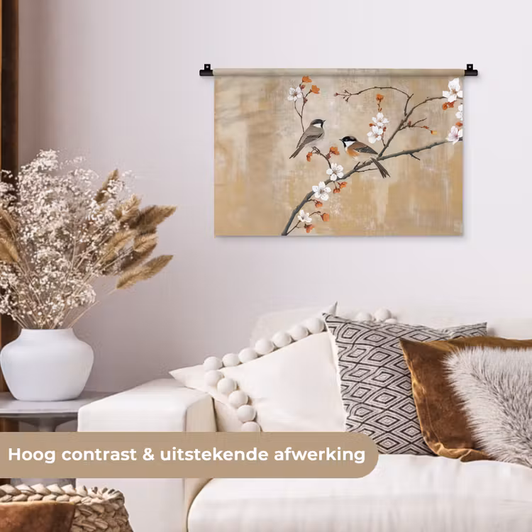 Wandkleed - Vogels - Bloesemtak - Bloemen - Oranje — 4