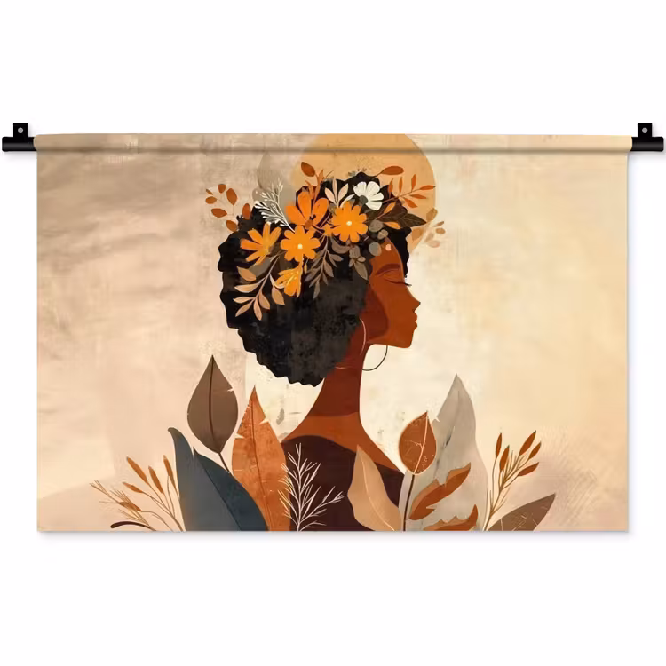 Wandkleed - Vrouw - Krullen - Bloemen - Beige — 1