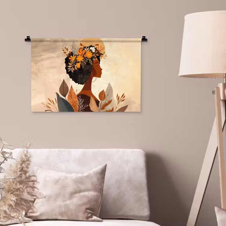 Wandkleed - Vrouw - Krullen - Bloemen - Beige — 2