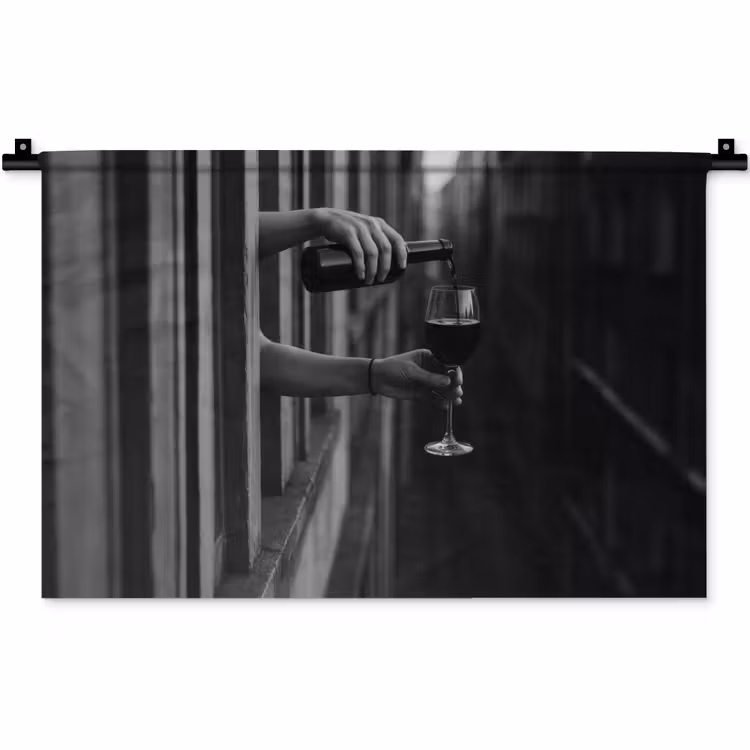 Wandkleed - Wijnfles - Glas - Handen - Raam — 1