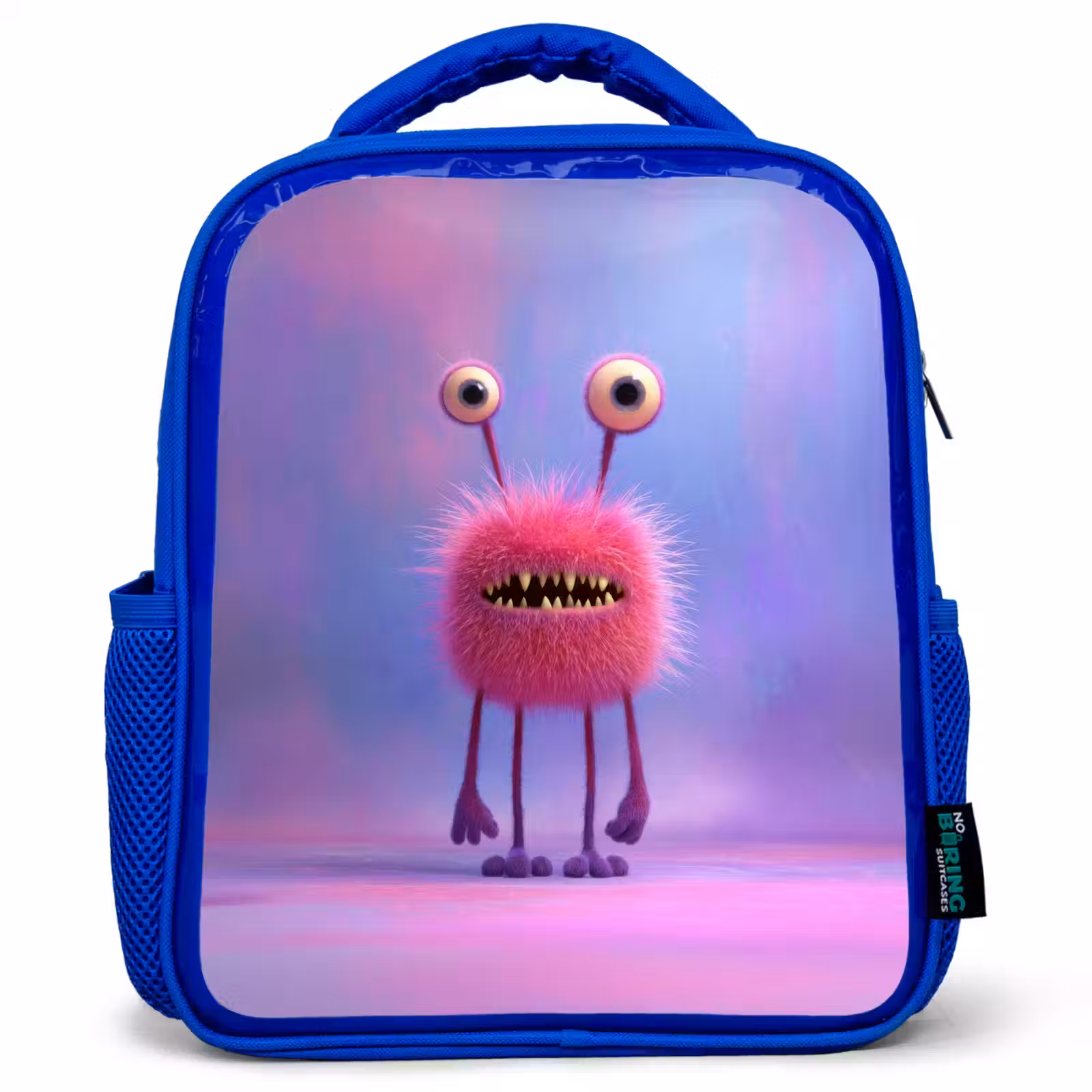 Rugzak kind - blauw - Pluizig roze monster met priemende ogen en scherpe tanden — 1