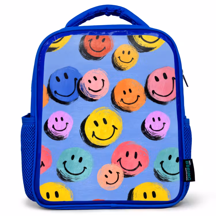 Rugzak kind - blauw - Getekende smileykrabbels met felle penseelstreken — 1