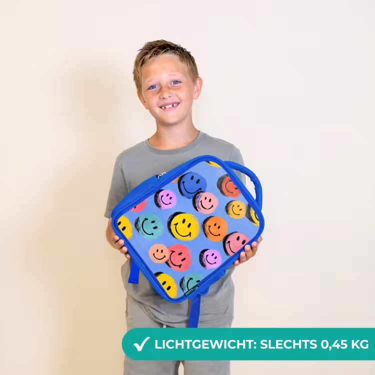 Rugzak kind - blauw - Getekende smileykrabbels met felle penseelstreken — 2