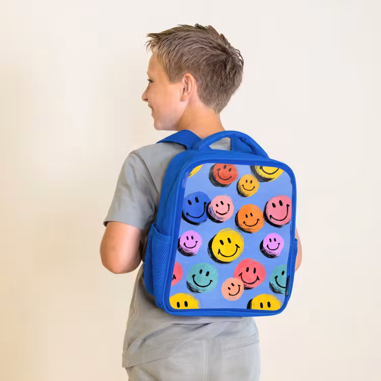Rugzak kind - blauw - Getekende smileykrabbels met felle penseelstreken — 3
