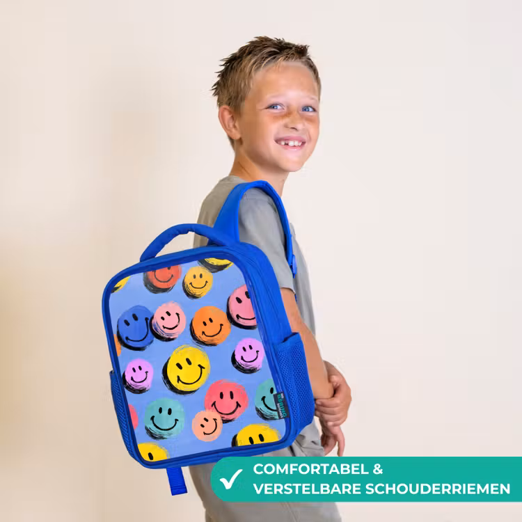 Rugzak kind - blauw - Getekende smileykrabbels met felle penseelstreken — 4