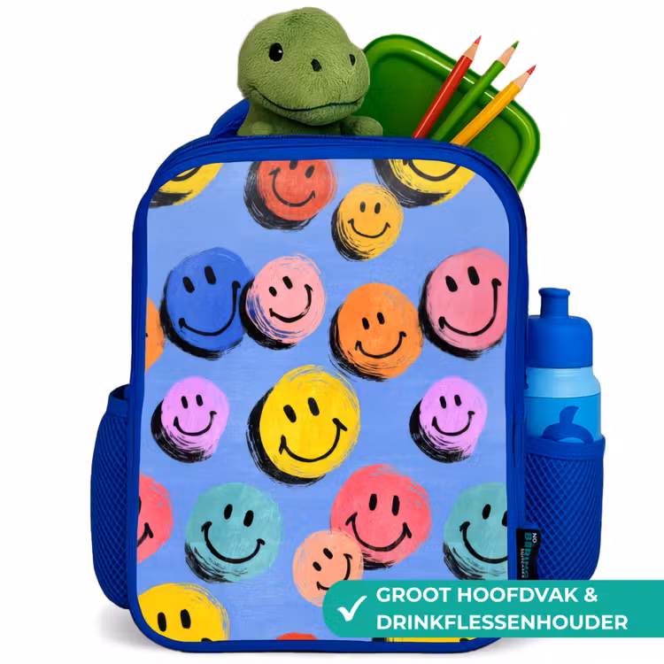 Rugzak kind - blauw - Getekende smileykrabbels met felle penseelstreken — 6