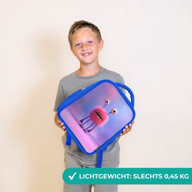 Rugzak kind - blauw - Pluizig roze monster met priemende ogen en scherpe tanden — 2