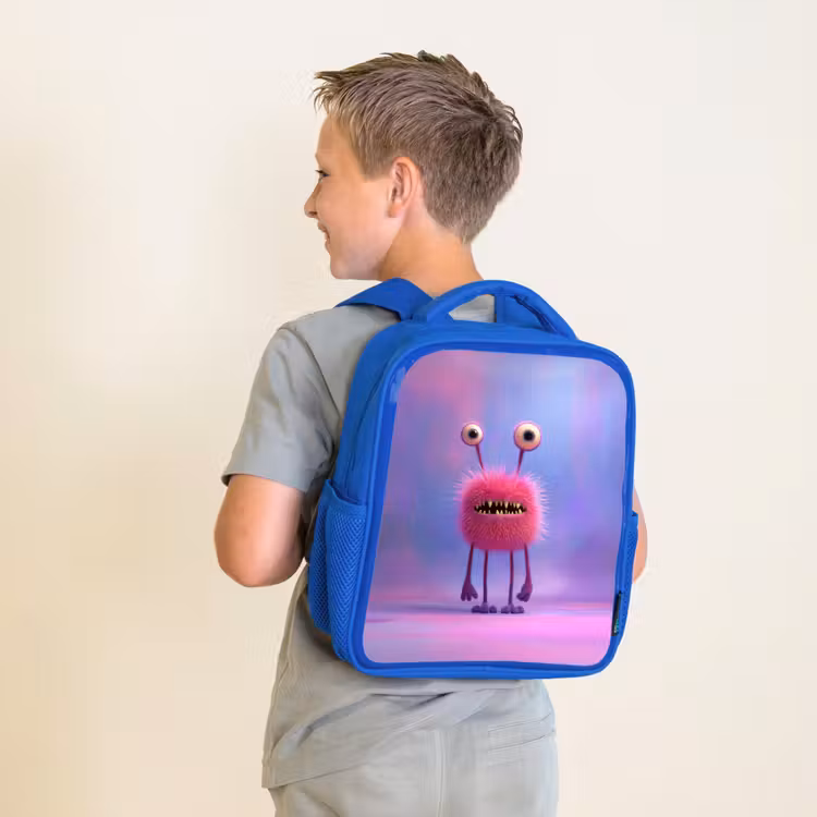 Rugzak kind - blauw - Pluizig roze monster met priemende ogen en scherpe tanden — 3