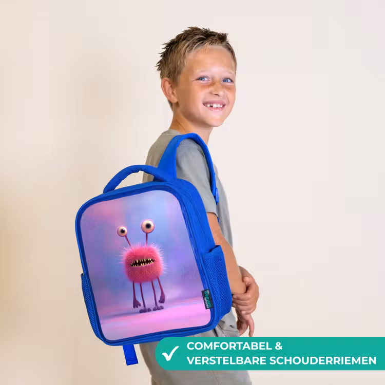 Rugzak kind - blauw - Pluizig roze monster met priemende ogen en scherpe tanden — 4