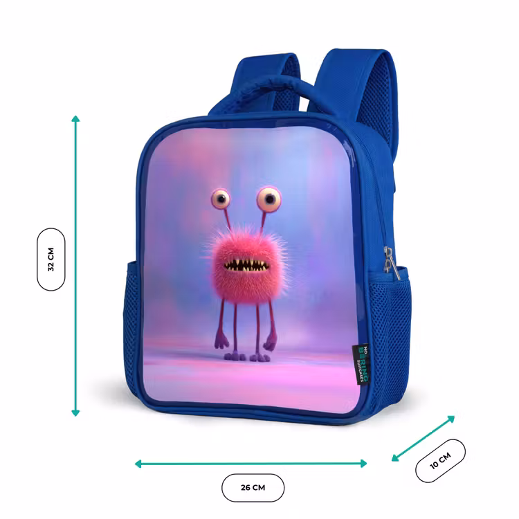 Rugzak kind - blauw - Pluizig roze monster met priemende ogen en scherpe tanden — 5