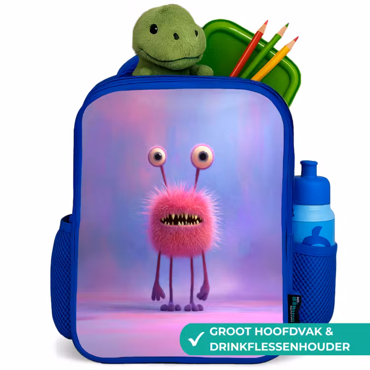 Rugzak kind - blauw - Pluizig roze monster met priemende ogen en scherpe tanden — 6