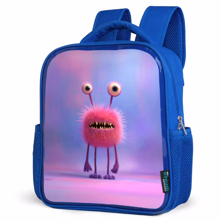 Rugzak kind - blauw - Pluizig roze monster met priemende ogen en scherpe tanden — 7