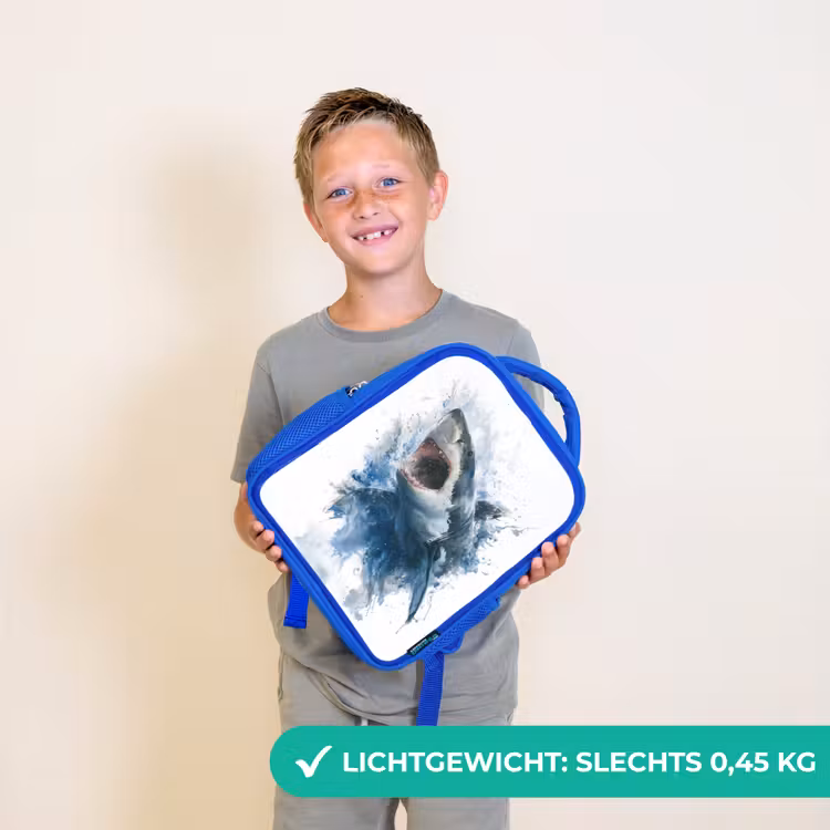 Rugzak kind - blauw - Uitspringende haai met opengesperde bek in aquarelstijl — 2