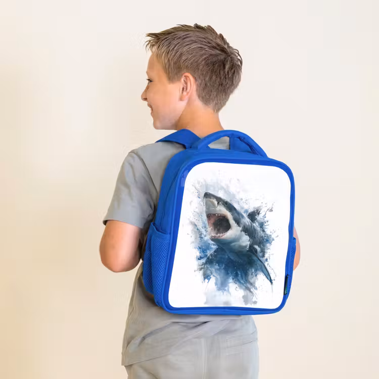 Rugzak kind - blauw - Uitspringende haai met opengesperde bek in aquarelstijl — 3