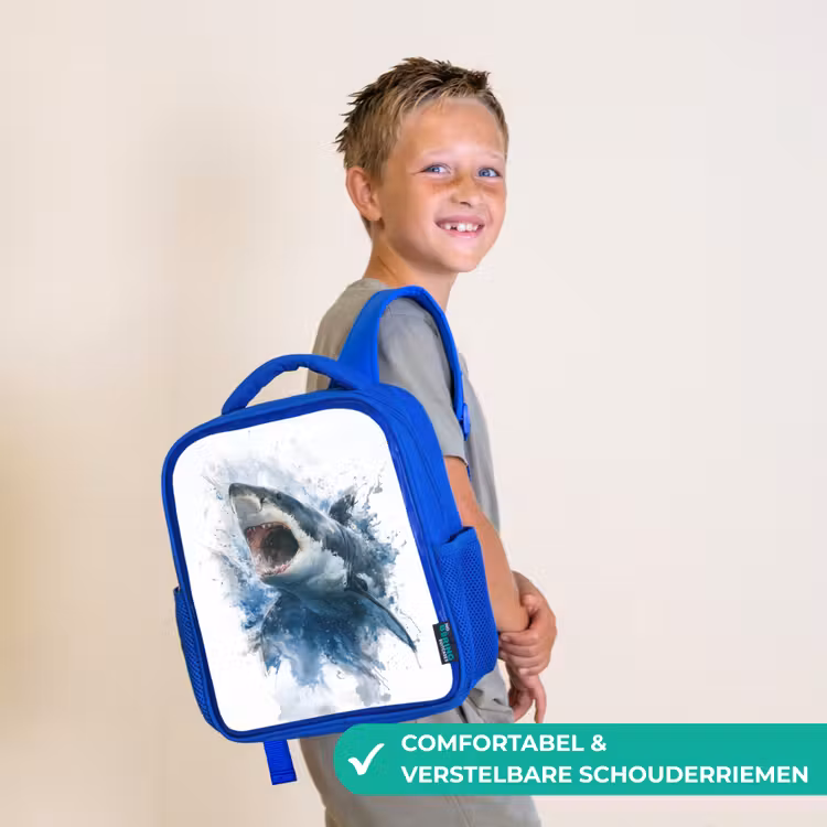 Rugzak kind - blauw - Uitspringende haai met opengesperde bek in aquarelstijl — 4