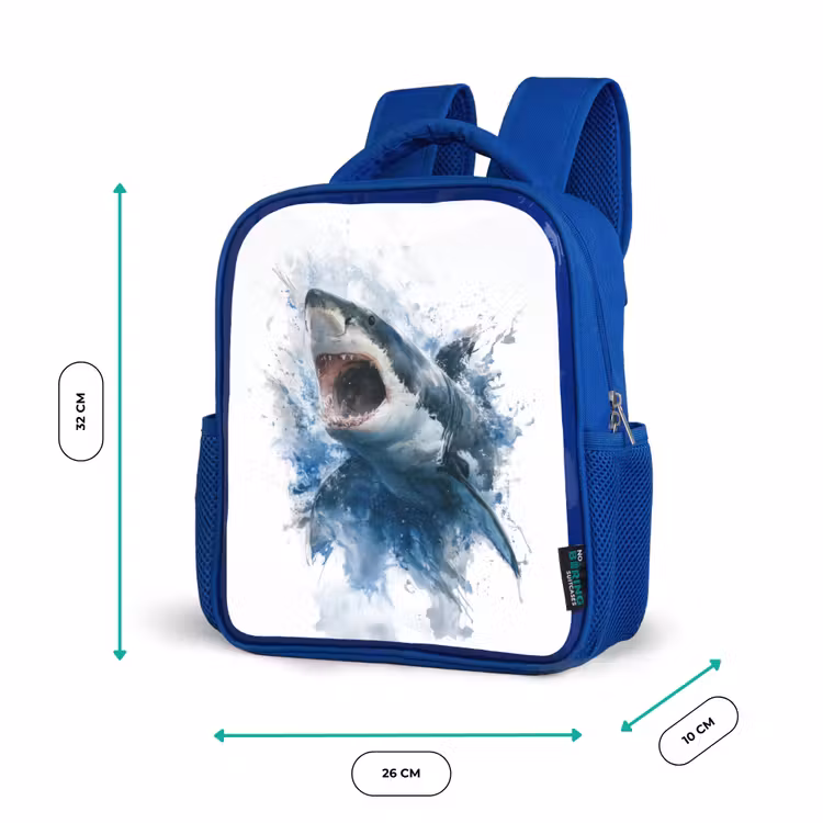 Rugzak kind - blauw - Uitspringende haai met opengesperde bek in aquarelstijl — 5