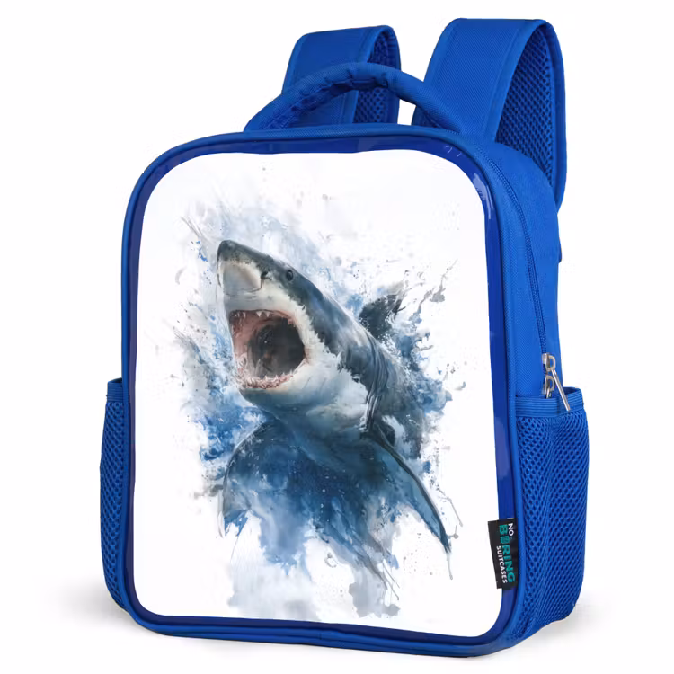 Rugzak kind - blauw - Uitspringende haai met opengesperde bek in aquarelstijl — 7