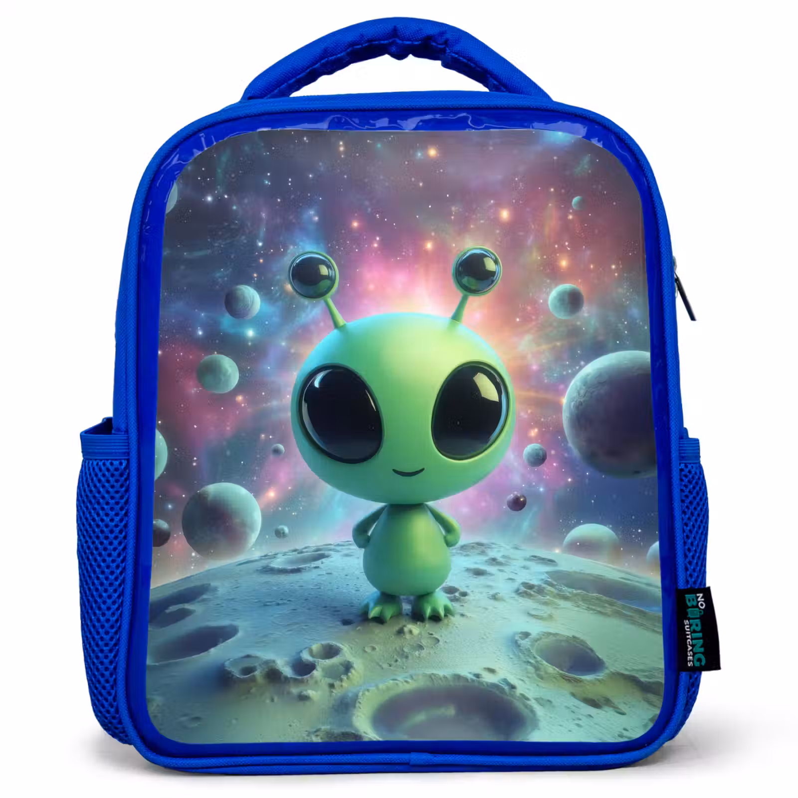 Rugzak kind - blauw - Groen alienfiguurtje op maanlandschap met kosmische achtergrond — 1