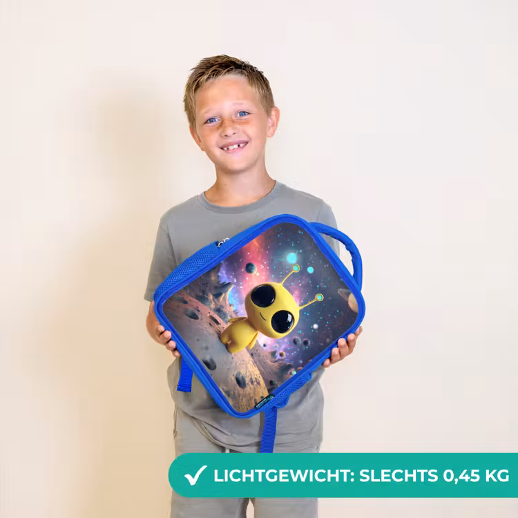 Rugzak kind - blauw - Gele ruimtewezentje met grote ogen op een kratermaan — 2