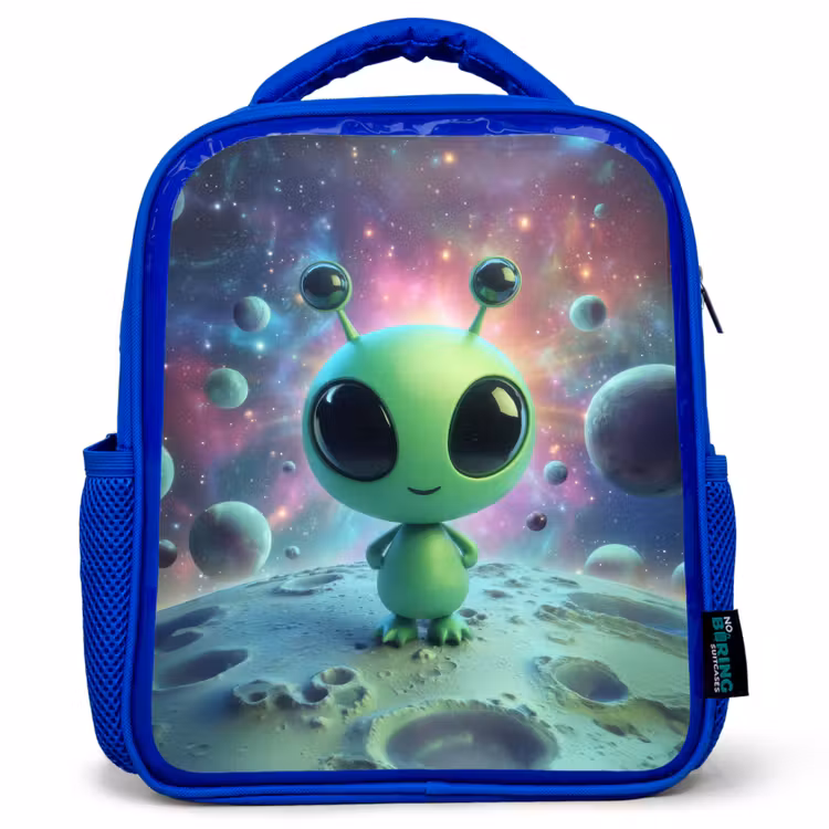 Rugzak kind - blauw - Groen alienfiguurtje op maanlandschap met kosmische achtergrond — 1