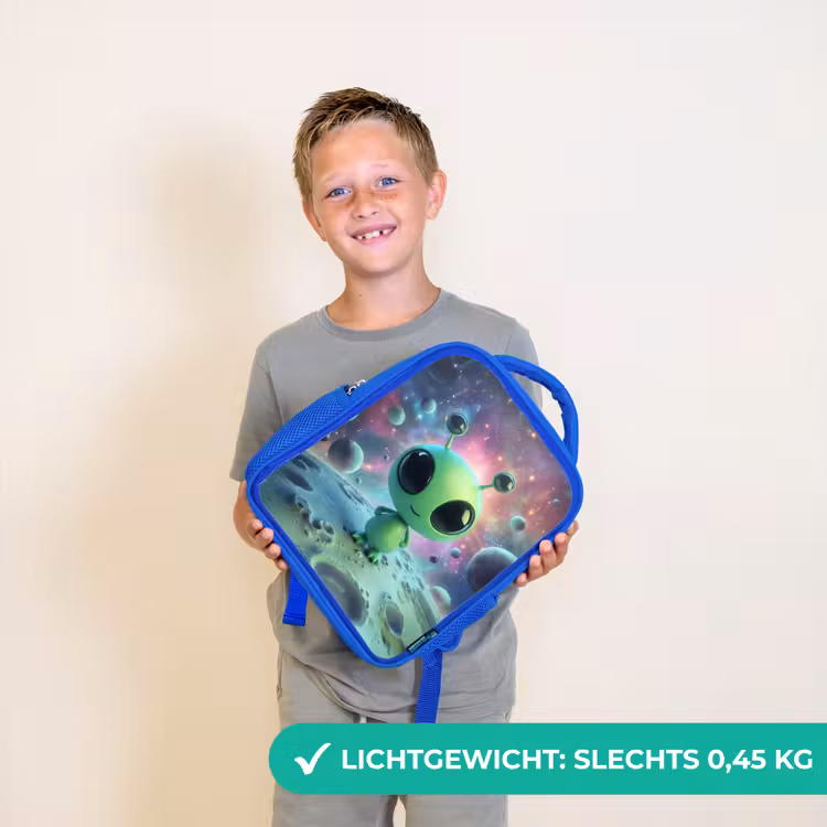 Rugzak kind - blauw - Groen alienfiguurtje op maanlandschap met kosmische achtergrond — 2