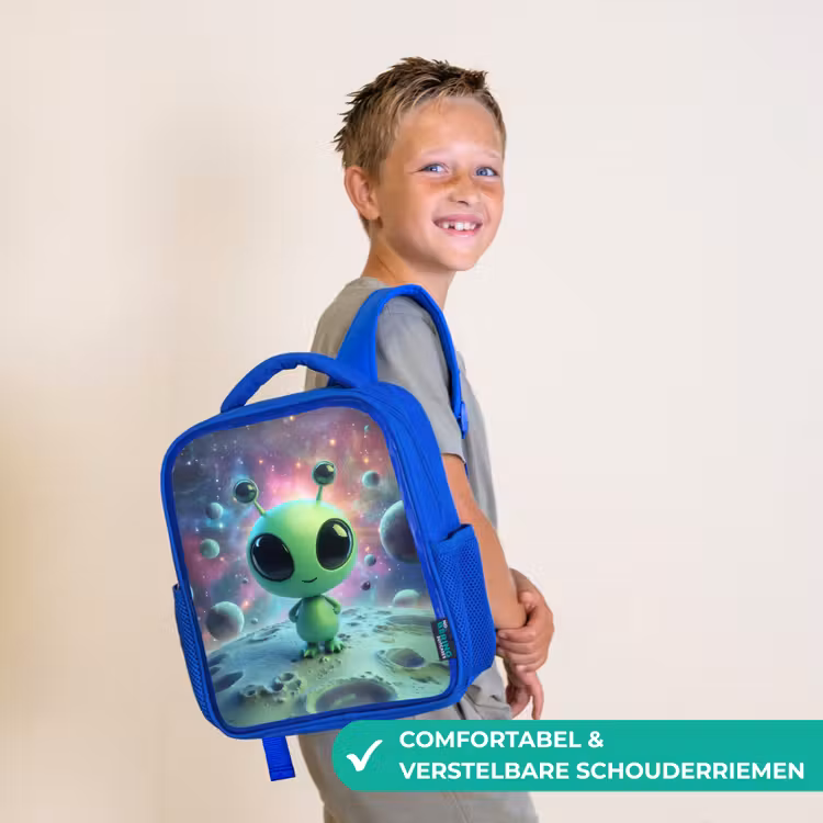 Rugzak kind - blauw - Groen alienfiguurtje op maanlandschap met kosmische achtergrond — 4