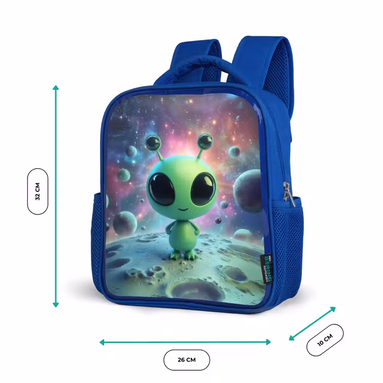 Rugzak kind - blauw - Groen alienfiguurtje op maanlandschap met kosmische achtergrond — 5