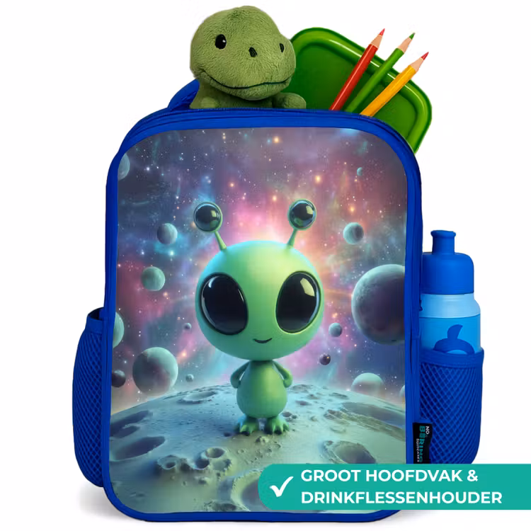 Rugzak kind - blauw - Groen alienfiguurtje op maanlandschap met kosmische achtergrond — 6