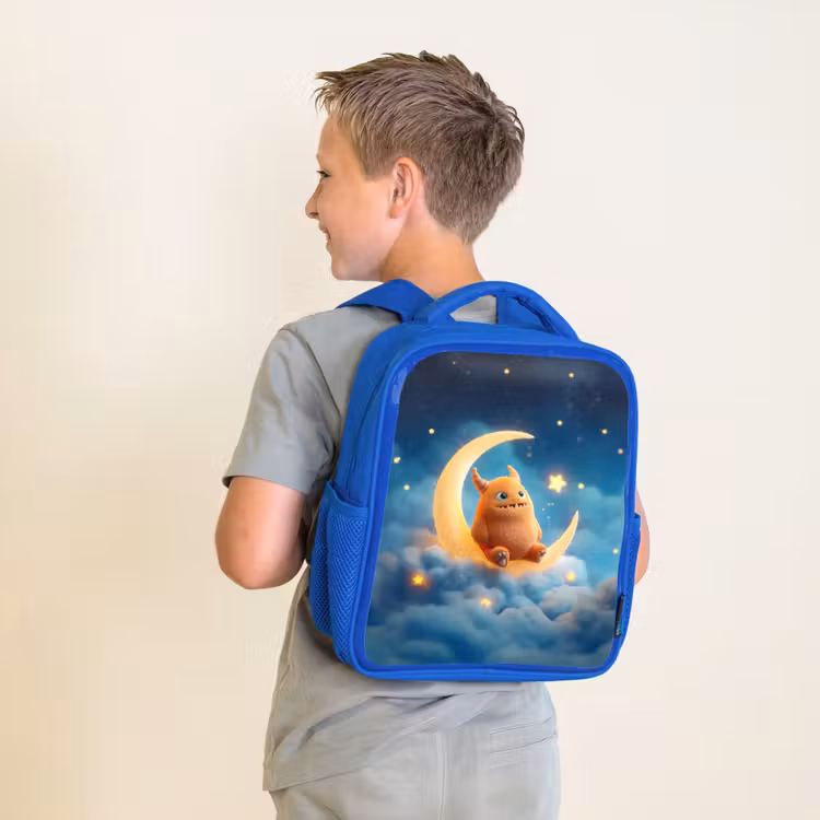 Rugzak kind - blauw - Oranje knuffelmonster op een glinsterende maan — 3