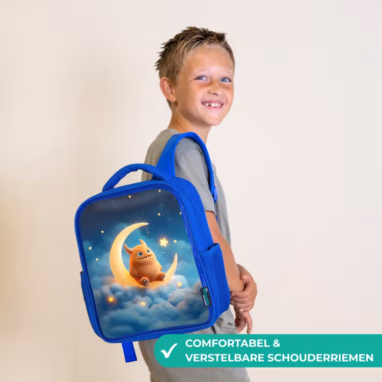 Rugzak kind - blauw - Oranje knuffelmonster op een glinsterende maan — 4