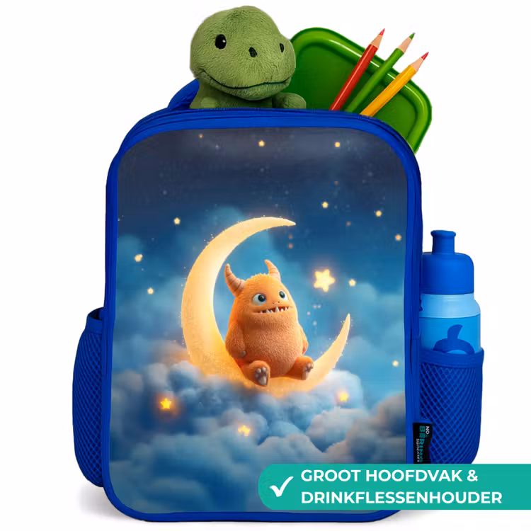 Rugzak kind - blauw - Oranje knuffelmonster op een glinsterende maan — 6