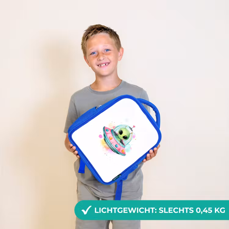 Rugzak kind - blauw - Vrolijke alien in kleurrijke vliegende schotel met aquarelspatten — 2