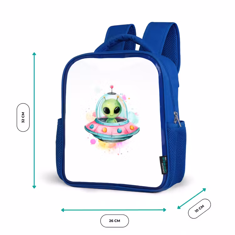 Rugzak kind - blauw - Vrolijke alien in kleurrijke vliegende schotel met aquarelspatten — 5