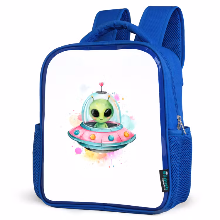 Rugzak kind - blauw - Vrolijke alien in kleurrijke vliegende schotel met aquarelspatten — 7