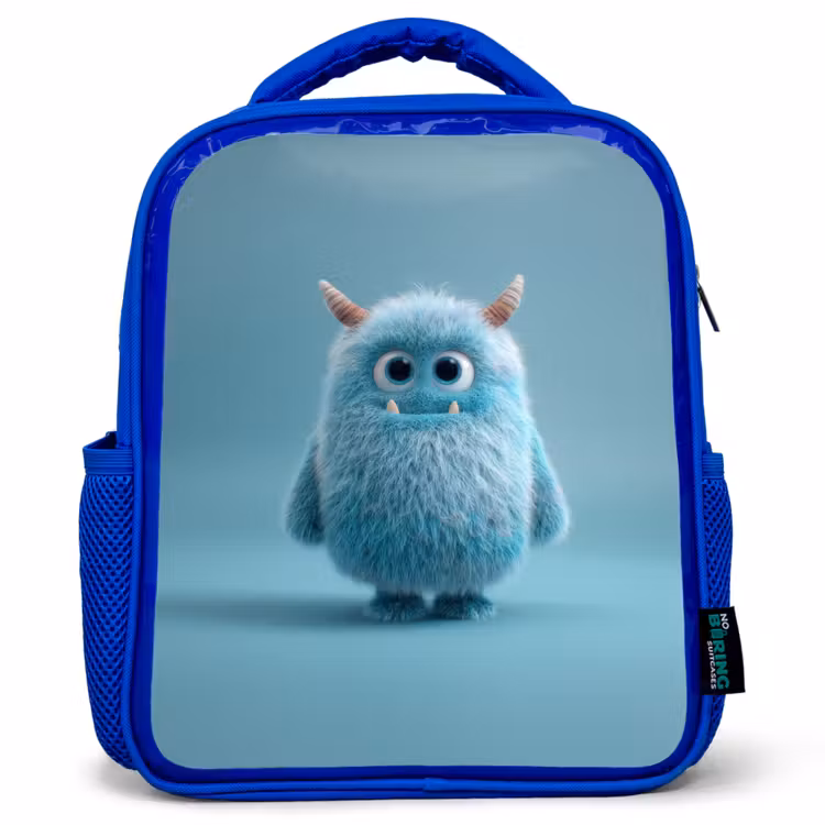 Rugzak kind - blauw - Zacht pluizig monster met hoorns en grote ogen — 1