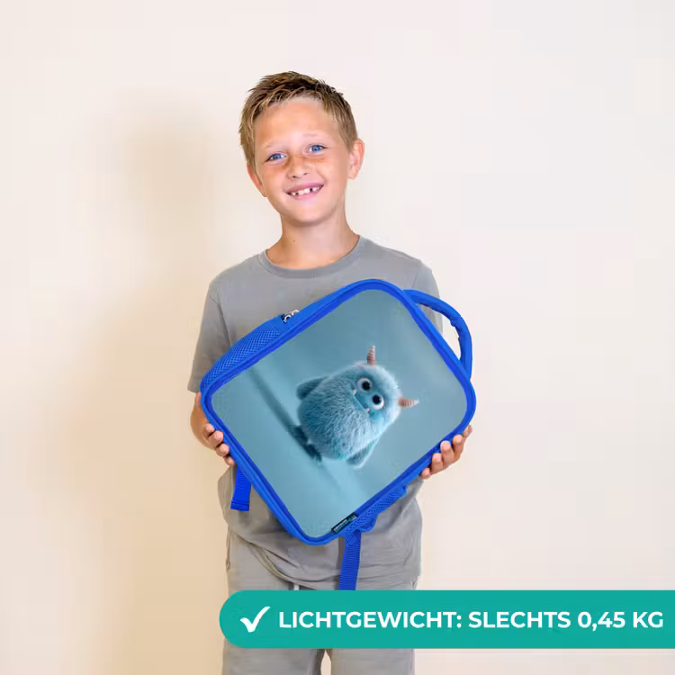 Rugzak kind - blauw - Zacht pluizig monster met hoorns en grote ogen — 2