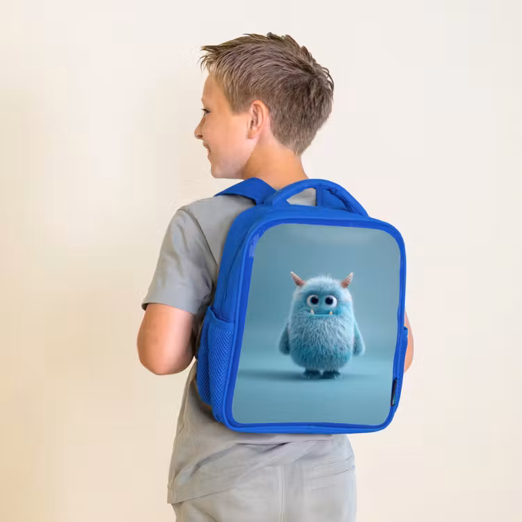 Rugzak kind - blauw - Zacht pluizig monster met hoorns en grote ogen — 3