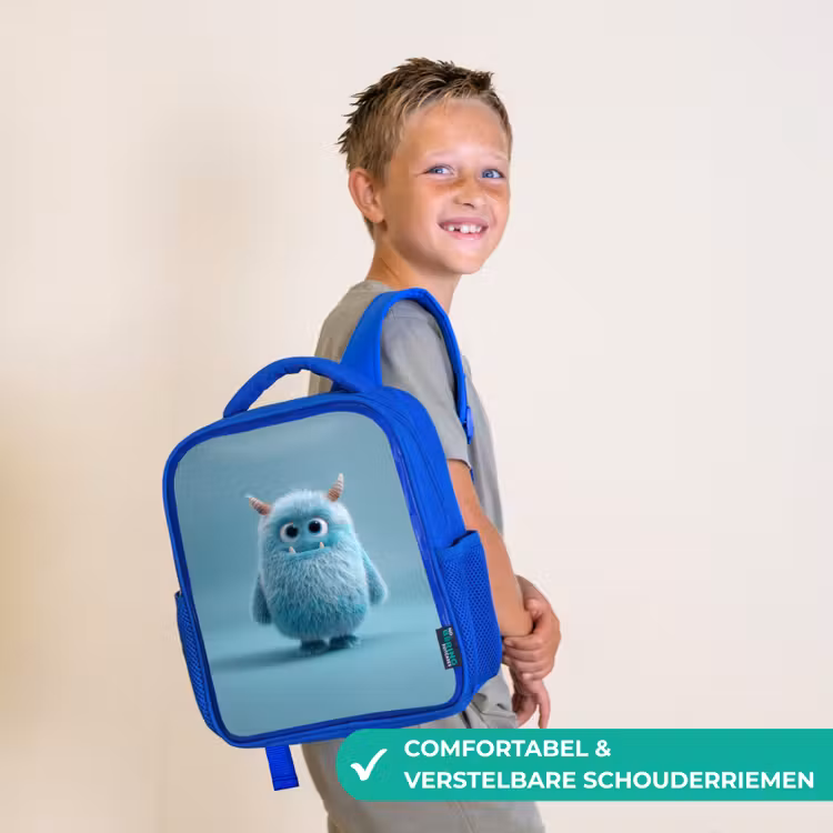 Rugzak kind - blauw - Zacht pluizig monster met hoorns en grote ogen — 4