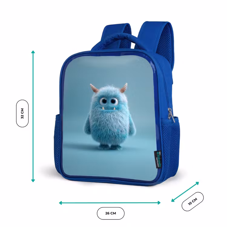 Rugzak kind - blauw - Zacht pluizig monster met hoorns en grote ogen — 5