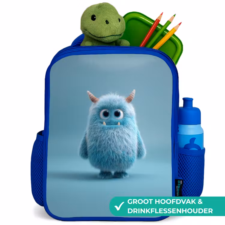 Rugzak kind - blauw - Zacht pluizig monster met hoorns en grote ogen — 6