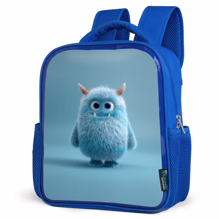 Rugzak kind - blauw - Zacht pluizig monster met hoorns en grote ogen — 7
