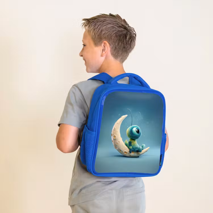 Rugzak kind - blauw - Dromerig pluiswezentje zittend op maansikkel — 3