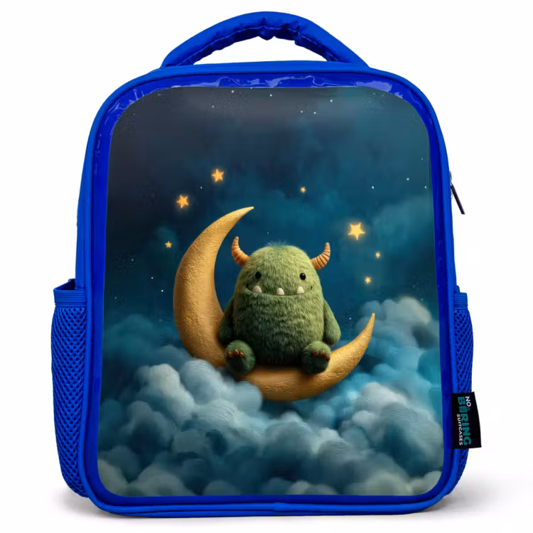 Rugzak kind - blauw - Groen pluismonster op maansikkel tussen dromerige wolken — 1