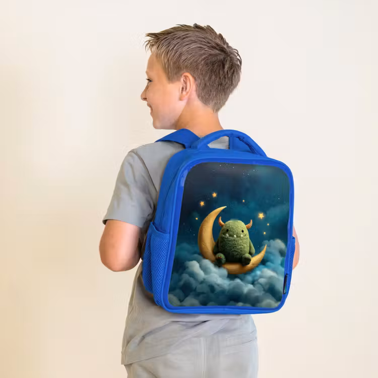 Rugzak kind - blauw - Groen pluismonster op maansikkel tussen dromerige wolken — 3