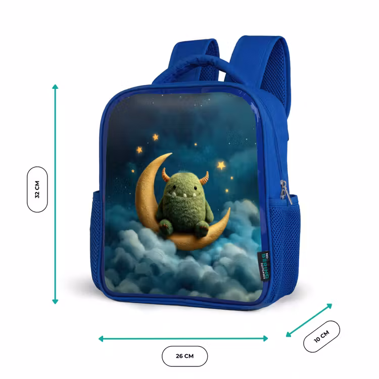 Rugzak kind - blauw - Groen pluismonster op maansikkel tussen dromerige wolken — 5