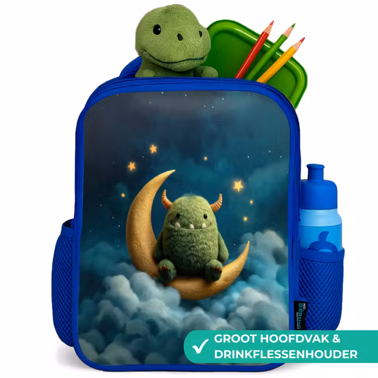 Rugzak kind - blauw - Groen pluismonster op maansikkel tussen dromerige wolken — 6